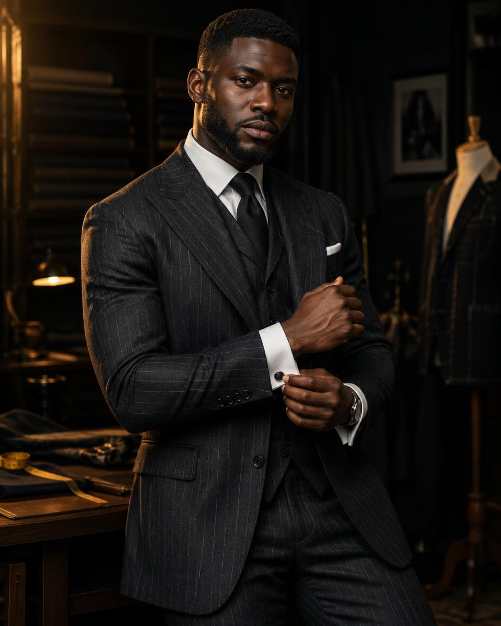 A client wearing a tailored charcoal pinstripe three-piece suit in the Badejo atelier