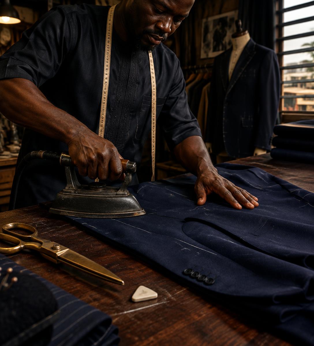 Bespoke tailor pressing a deep navy suit