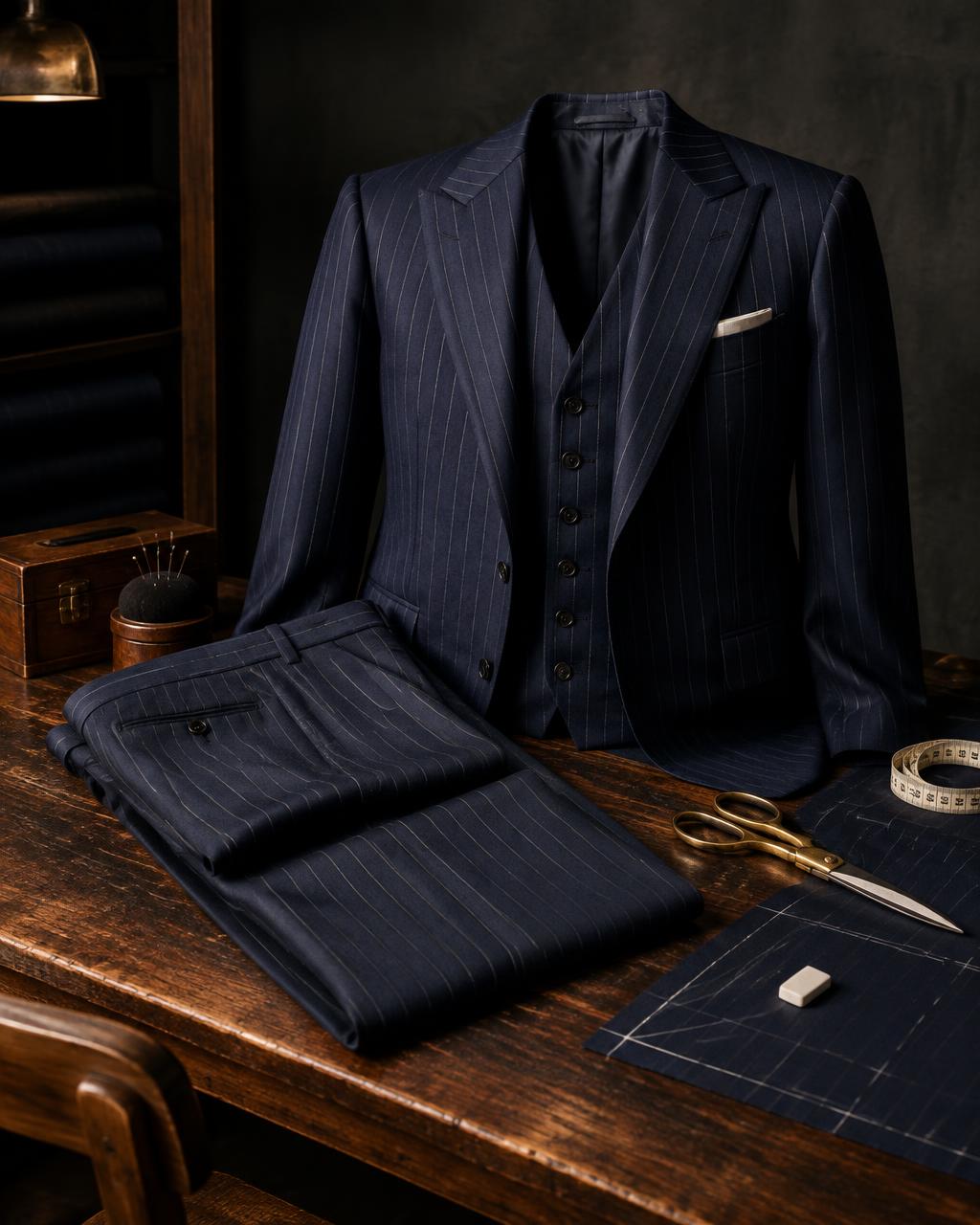 Navy pinstripe three-piece bespoke suit